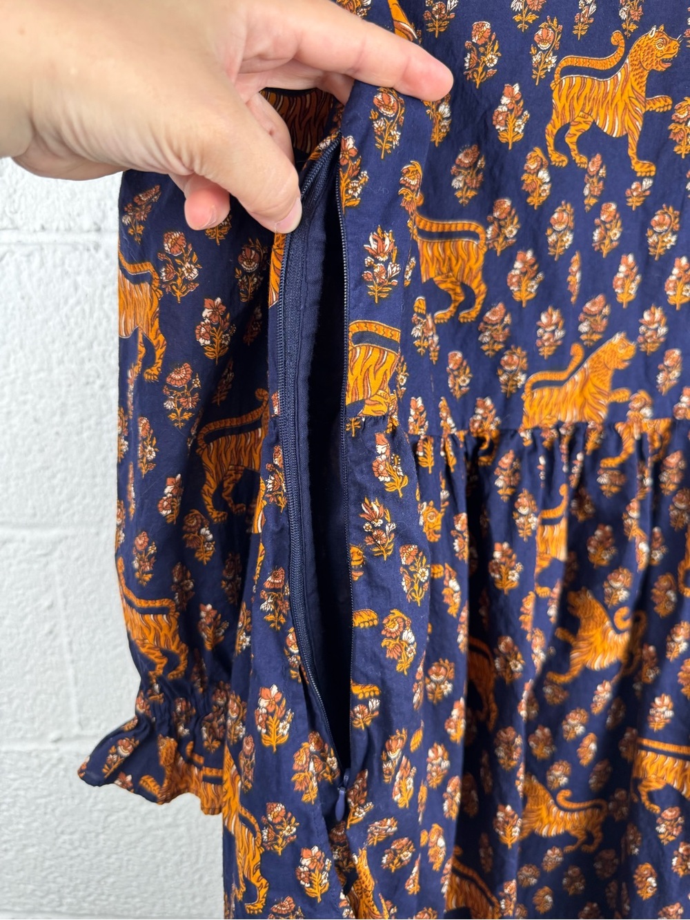 Pink City Prints Tiger Block Print Cotton Midi Dress Ruffle Neck India Size M - Picture 11 of 13